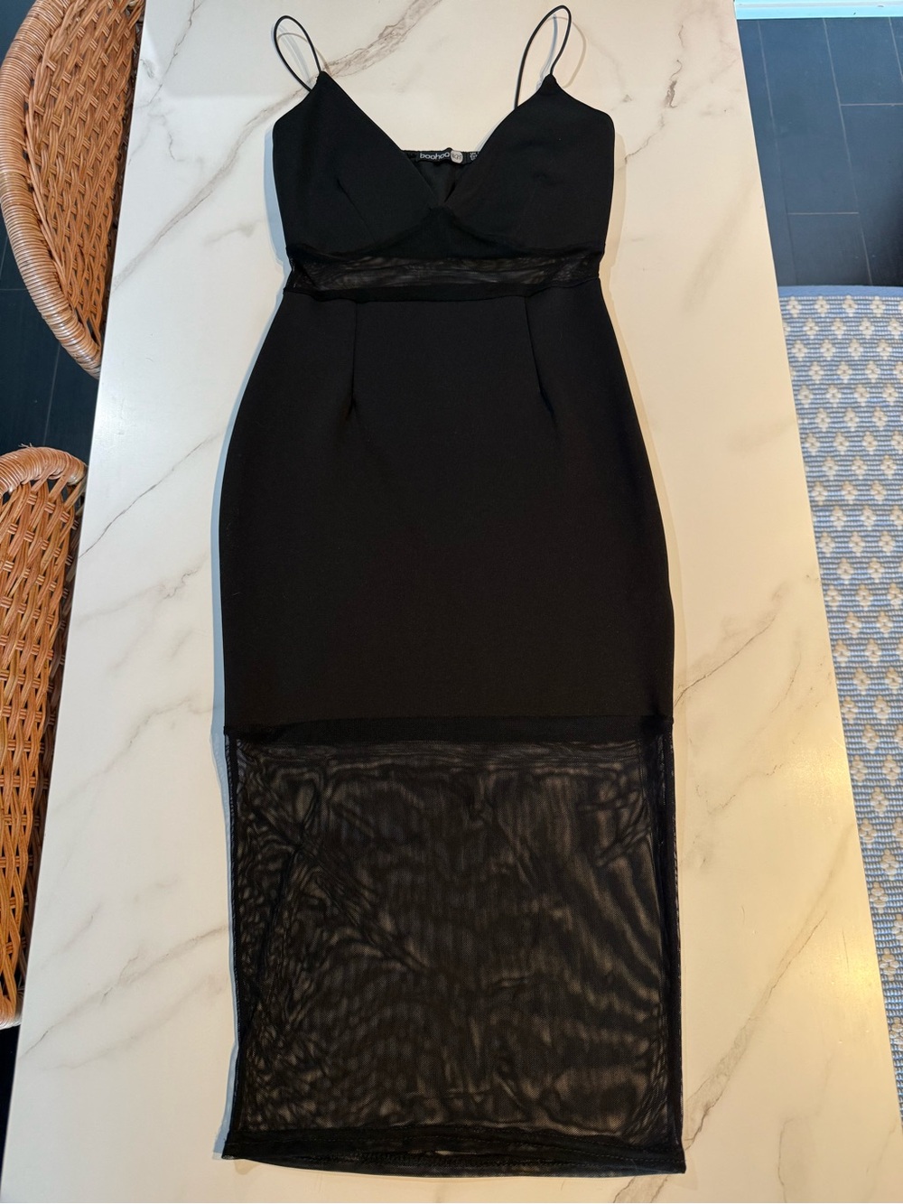 Boohoo Night Black Mesh-Panel Midi Slip Dress 
Size 2